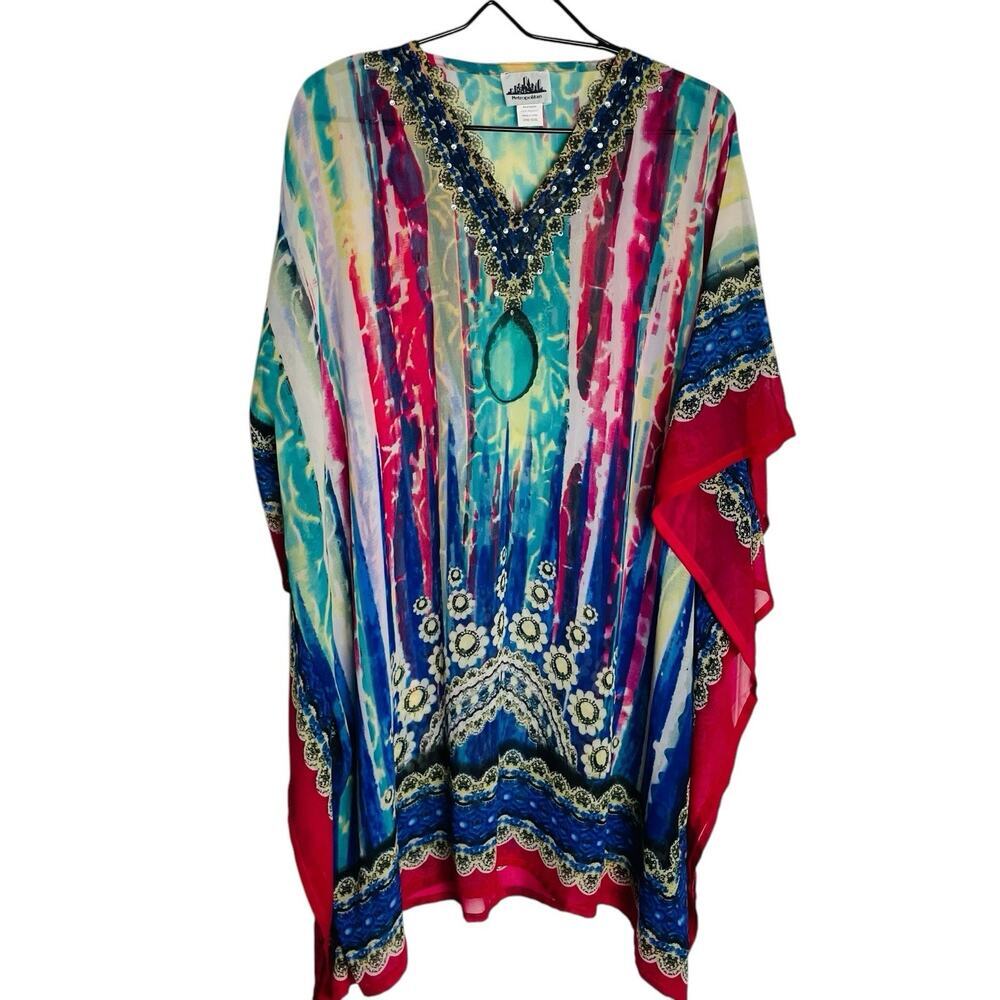 Metropolitan Kaftan Cover‎ Up Womens One Size Colorful Beaded Sheer Art to Wear